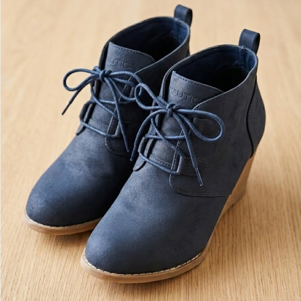 Nautica Navy Suede Wedge Booties